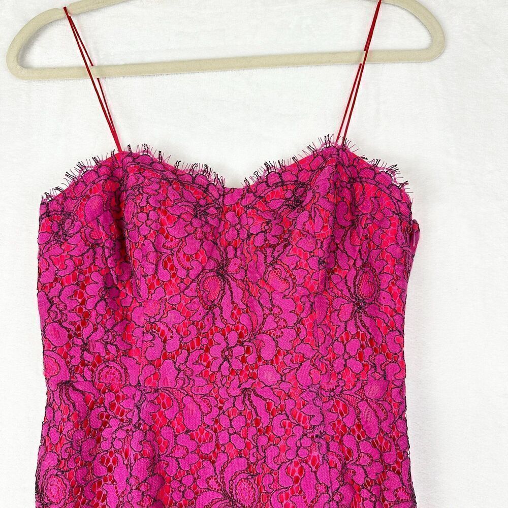 Likely Lace Crochet Overlay Mini Dress Size 4 Pink Red Spaghetti Strap Cocktail - Picture 3 of 8